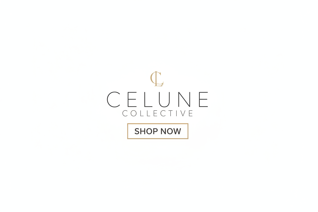 modern minimalistic logo with text CELUNE COLLECTIVE and a button under it that says SHOP NOW